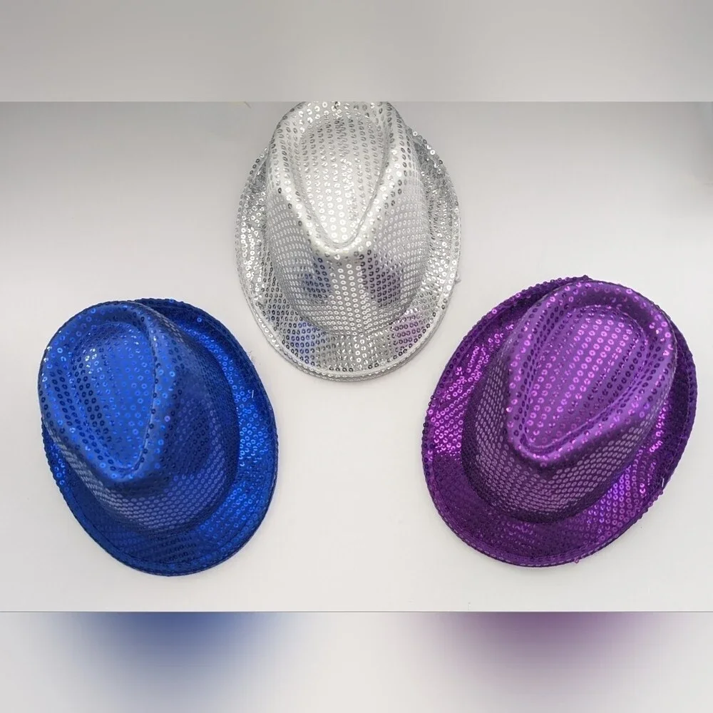NWT Solid Color Sequins Glitter Party Fedora Hats - Blue, Silver, & Purple